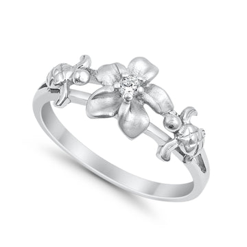 925 Sterling Silver Two Hawaiian Turtle Plumeria Flower CZ Ring Wholesale